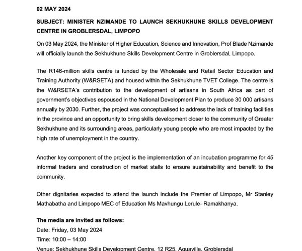 MEDIA ADVISORY - DHET and WRSETA - 02 May 2024 MEDIA ADVISORY - DHET and WRSETA - 02 May 2024